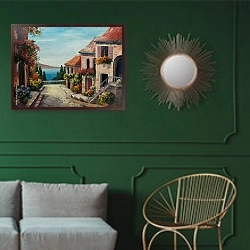 «Город у моря» в интерьере классической гостиной с зеленой стеной над диваном