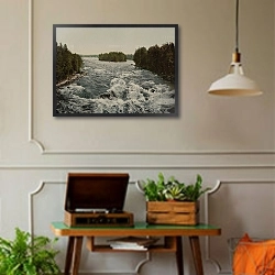 «Финляндия. Иматра, водопад. Вид с моста» в интерьере комнаты в стиле ретро с проигрывателем виниловых пластинок
