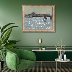 «Венеци.  Утро» в интерьере гостиной в зеленых тонах