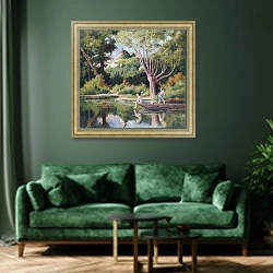 «Rolleboise, Bathing» в интерьере зеленой гостиной над диваном