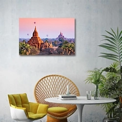 «Мьянма. Вид на  Баган» в интерьере современной гостиной с желтым креслом
