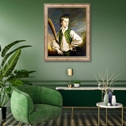 «Charles Collyer as a boy, with a cricket bat, 1766» в интерьере гостиной в зеленых тонах