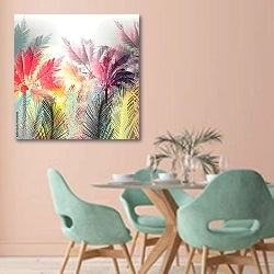 «Красочные пальмы и тропические растения» в интерьере современной столовой в пастельных тонах