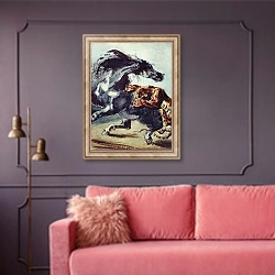 «Тигр, напавший на лошадь» в интерьере гостиной с розовым диваном
