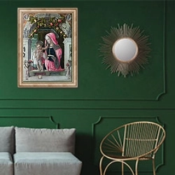 «Дева Мария с младенцем 7» в интерьере классической гостиной с зеленой стеной над диваном