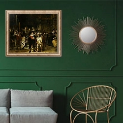 «The Nightwatch, 1642» в интерьере классической гостиной с зеленой стеной над диваном