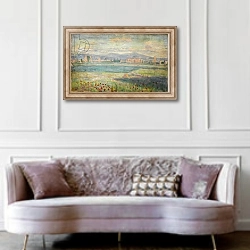 «Mediterranean landscape with poppies in foreground and walled town in background» в интерьере гостиной в классическом стиле над диваном