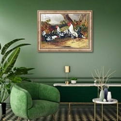 «Cockerels in a Landscape» в интерьере гостиной в зеленых тонах