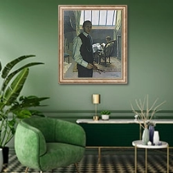 «Self Portrait in the Studio, 1904» в интерьере гостиной в зеленых тонах