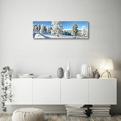 «Италия. Зимний пейзаж с дорогой» в интерьере стильной минималистичной гостиной в белом цвете