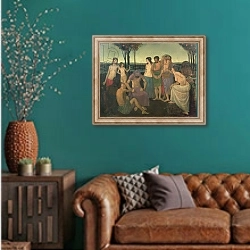 «Allegory, c.1910» в интерьере гостиной с зеленой стеной над диваном