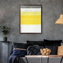 «Серая абстракция с желтыми полосами» в интерьере гостиной в стиле лофт в серых тонах