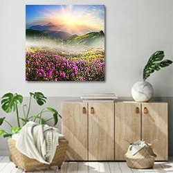 «Цветущее поле в горах 4» в интерьере современной комнаты над комодом