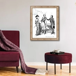 «'The obsequious civility', illustration from 'Pride and Prejudice' by Jane Austen» в интерьере гостиной в бордовых тонах