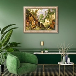 «Orpheus Charming the Animals, c.1618» в интерьере гостиной в зеленых тонах