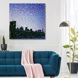 «Рассвет над Бруклинским мостом» в интерьере современной гостиной над синим диваном