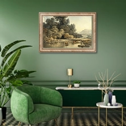 «Hilly landscape with River and Cattle, c.1810» в интерьере гостиной в зеленых тонах