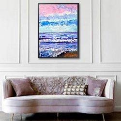 «Розовый закат над морем 1» в интерьере гостиной в классическом стиле над диваном