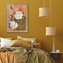 «Белый пион и бабочка» в интерьере спальни  в этническом стиле в желтых тонах