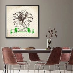 «Иллюстрация с тропическим цветком» в интерьере столовой с серыми стенами