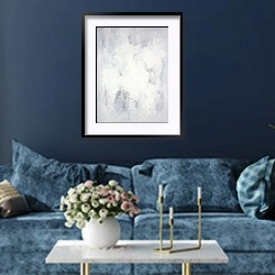 «White softness. White snowflakes» в интерьере современной гостиной в синем цвете