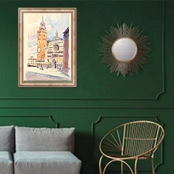 «Duomo, Cremona» в интерьере классической гостиной с зеленой стеной над диваном