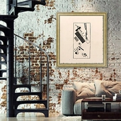 «Dynamic Suprematism» в интерьере двухярусной гостиной в стиле лофт с кирпичной стеной