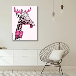 «Милый розовый жираф с рогами» в интерьере белой комнаты в скандинавском стиле над комодом