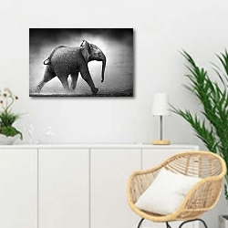 «Слоны ч/б №2» в интерьере гостиной в скандинавском стиле над комодом