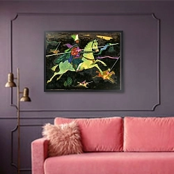 «Night Horseman with Lances, 1960s» в интерьере гостиной с розовым диваном