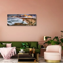 «Апостолы, Австралия. Утренняя панорама» в интерьере современной гостиной с розовой стеной