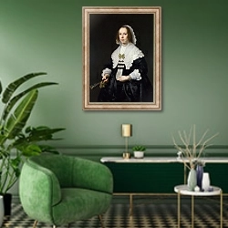 «Портрет женщины в черном с веером» в интерьере гостиной в зеленых тонах