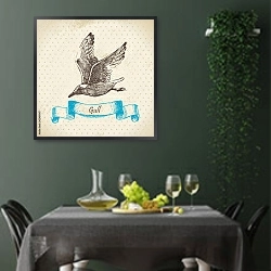 «Иллюстрация с чайкой» в интерьере столовой в зеленых тонах