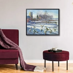 «Snow Geese, Winter Morning» в интерьере гостиной в бордовых тонах