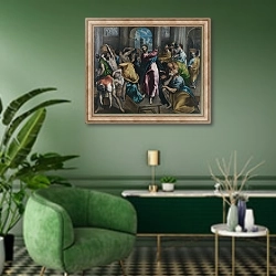 «Христос, изгоняющий торговцев из храма» в интерьере гостиной в зеленых тонах