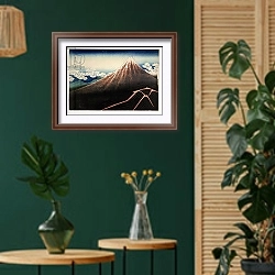 «Fuji above the Lightning', from the series '36 Views of Mt. Fuji', pub. by Nishimura Eijudo, 1831,» в интерьере в этническом стиле с зеленой стеной