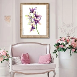 «Веточка цветущей тропической фиолетовой орхидеи» в интерьере гостиной в стиле прованс над диваном