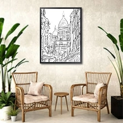«Париж в Ч/Б рисунках #14» в интерьере комнаты в стиле ретро с плетеными креслами