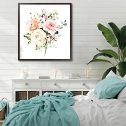 «Акварельный букет бело-розовых роз» в интерьере спальни в стиле прованс с голубыми деталями