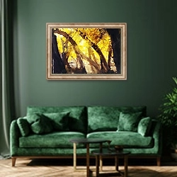 «Стволы деревьев в осеннем лесу» в интерьере зеленой гостиной над диваном