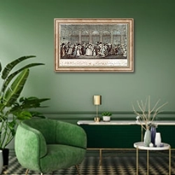 «The Palais Royal Gallery's Walk, 1787» в интерьере гостиной в зеленых тонах