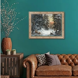 «Snow Scene in the Black Forest, 19th century» в интерьере гостиной с зеленой стеной над диваном