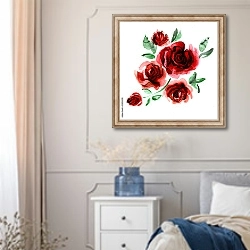 «Акварельные красные розы на белом» в интерьере спальни в стиле прованс с синими деталями