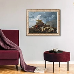 «The Storm, c.1759» в интерьере гостиной в бордовых тонах