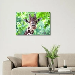 «Портрет жирафа на фоне зеленых листьев» в интерьере современной светлой гостиной над диваном