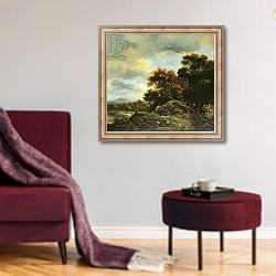 «Landscape with Wooded Hillock» в интерьере гостиной в бордовых тонах