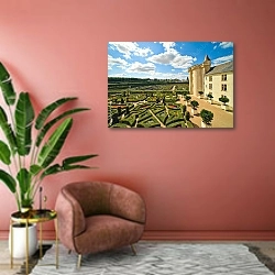 «Замок Шато де Вилландри с парком, Замки Луары» в интерьере современной гостиной в розовых тонах