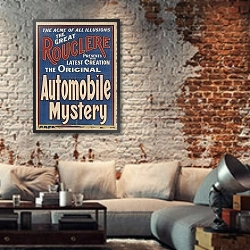«The Great Rouclere; the original automobile mystery» в интерьере гостиной в стиле лофт с кирпичной стеной