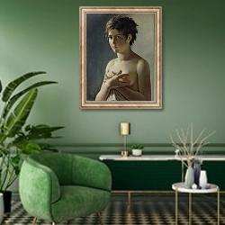 «Portrait of a Young Girl, 1812» в интерьере гостиной в зеленых тонах