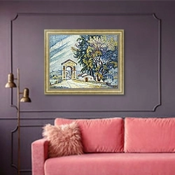 «Le Pont a Bourg-Saint-Andeol, 1926» в интерьере гостиной с розовым диваном